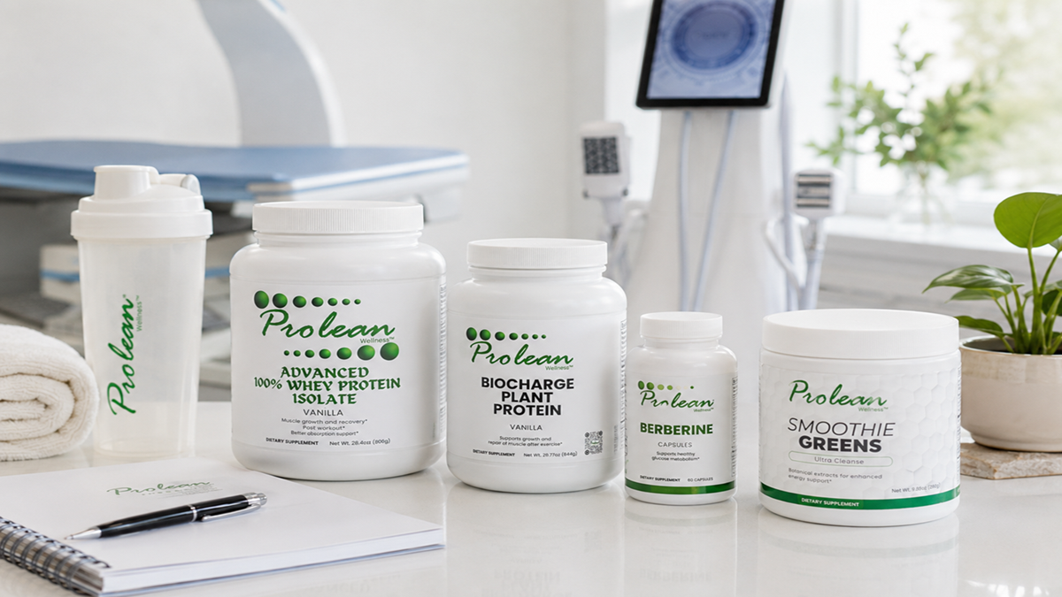 Prolean Wellness clinical supplements — Whey Isolate, Plant Protein, Berberine, and Smoothie Greens — arranged in front of a DEXA body composition scanner